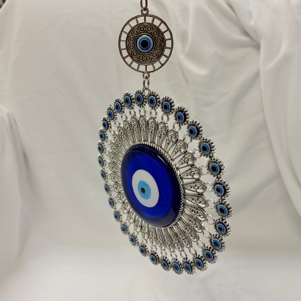 Boho Silver Filigree Evil Eye Hanging Decor Glass Nazar Amulet Home Protection